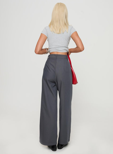 back view of model wearing Princess Polly Relaxed Pants Charcoal High Waisted Pants 