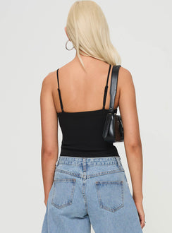 back view of model wearing Princess Polly Arianwen Top Black Sleeveless Crew Neck 