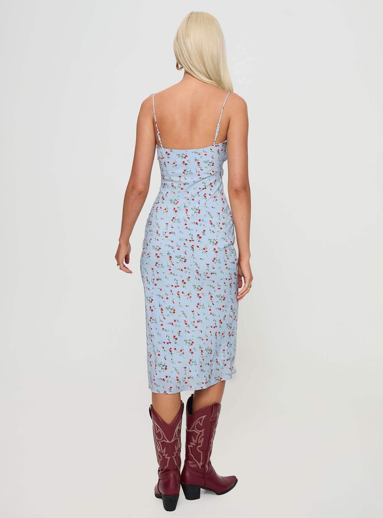 back view of model wearing Princess Polly Forsell Maxi Dress Blue Floral V-Neck 