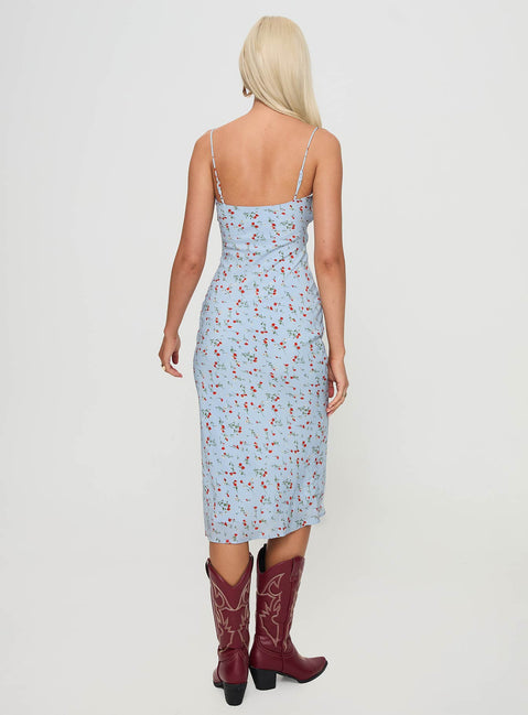 back view of model wearing Princess Polly Forsell Maxi Dress Blue Floral V-Neck 