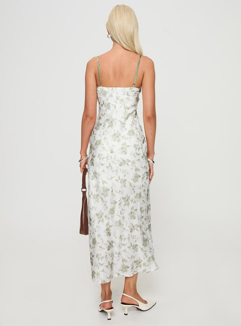 back view of model wearing Princess Polly Vasiliki Maxi Dress White / Green Floral Square Neck 
