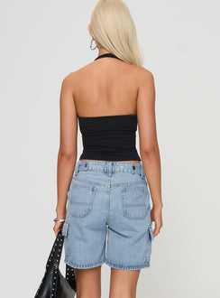 back view of model wearing Princess Polly Mika Carpenter Denim Shorts Light Wash High Waisted Shorts 