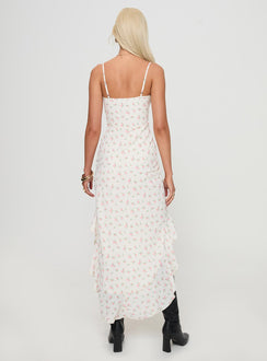 back view of model wearing Princess Polly Roulette Midi Dress Cream Floral Scoop Neck 