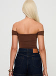 back view of model wearing Princess Polly Larisha Off The Shoulder Top Brown Short Sleeves Sweetheart 