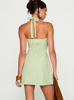 back view of model wearing Princess Polly Mallorie Halter Mini Dress Green Check Scoop Neck 