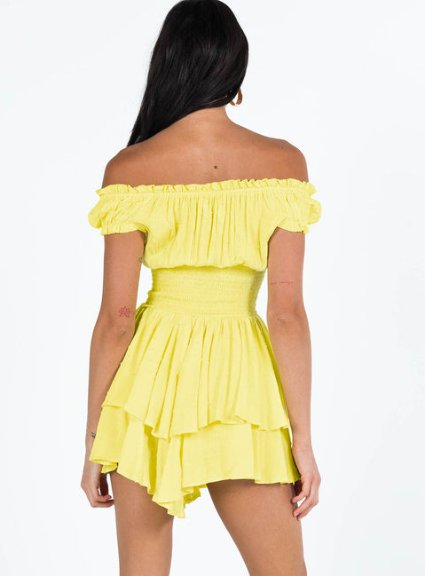 Romper Shirred waistband Ruffle detailing Elasticated neck and sleeves Can be worn on or off shoulder Layered ruffle hem Fully lined