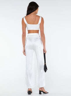 Matching set Silky material  Crop top Invisible zip fasting at side High waisted pants Wide relaxed leg Belt loops at waist