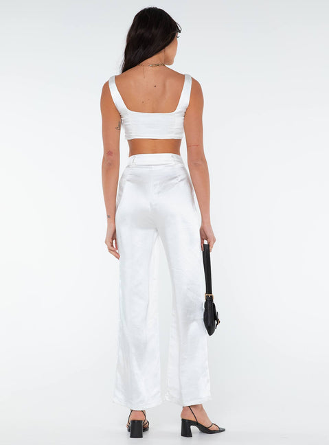 Matching set Silky material  Crop top Invisible zip fasting at side High waisted pants Wide relaxed leg Belt loops at waist