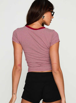 back view of model wearing Princess Polly Lex Top Maroon Stripe Short Sleeves Crew Neck 