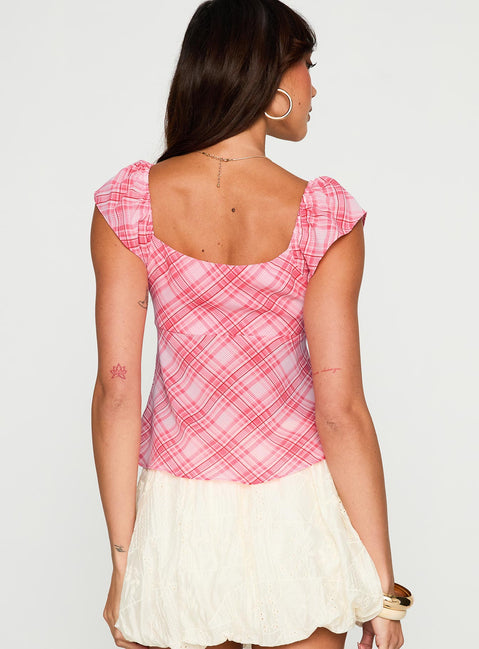 back view of model wearing Princess Polly Jazz Club Top Pink Check Short Sleeves Plunger 