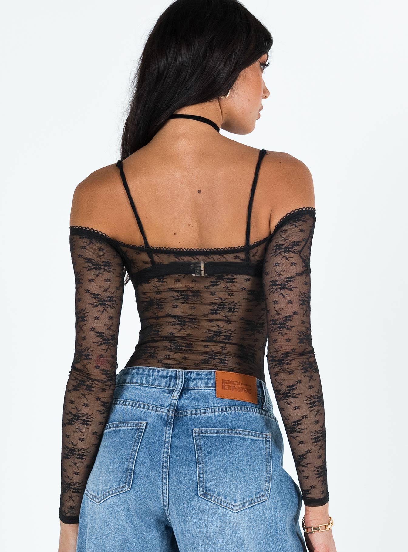 back view of model wearing Princess Polly Mademoiselle Bodysuit Black Full Sleeves straight 