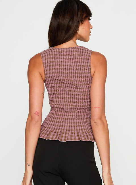 back view of model wearing Princess Polly Chauntelle Ruched Top Pink Check Sleeveless Crew Neck 