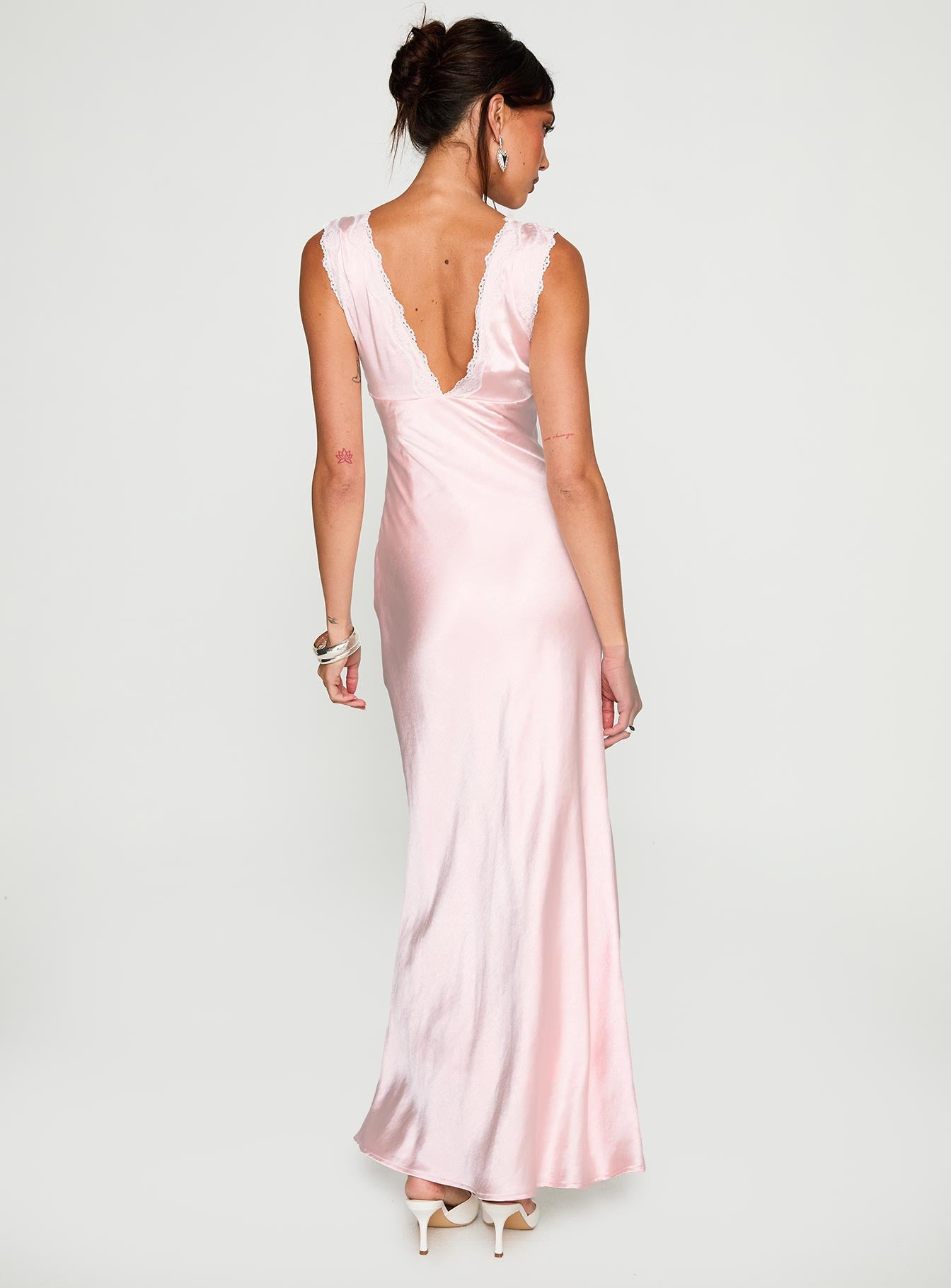 back view of model wearing Princess Polly Liliya Lace Maxi Dress Pink Plunger 