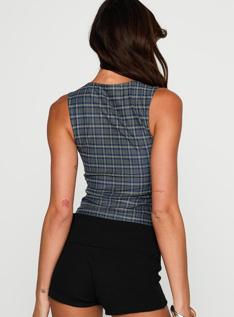 back view of model wearing Princess Polly Your Main One Top Navy Check Sleeveless Crew Neck 
