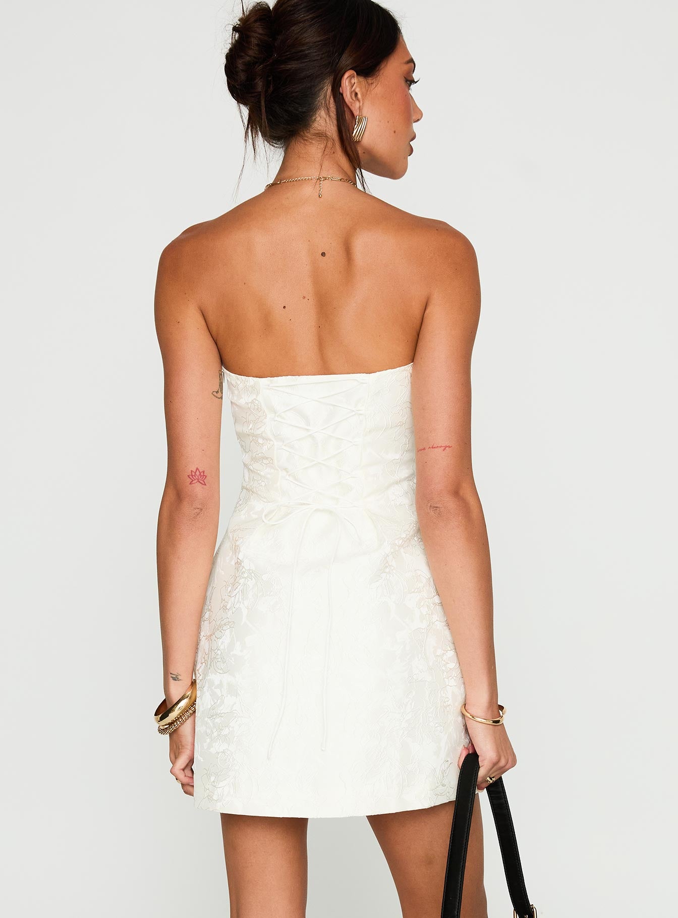 back view of model wearing Princess Polly Heaven Sent Strapless Mini Dress White Straight Neck 