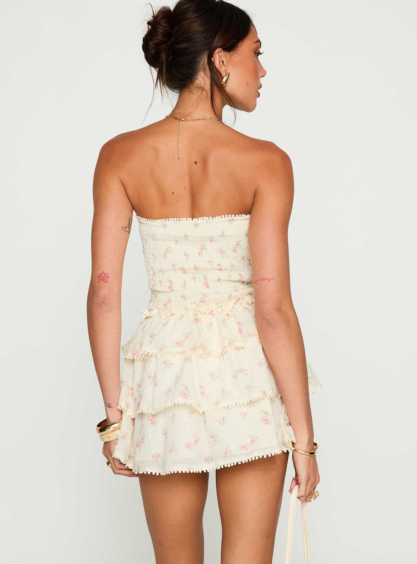 back view of model wearing Princess Polly Sunkiss Frill Mini Dress Floral Straight Neck 