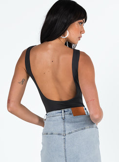 back view of model wearing Princess Polly Beresford Bodysuit Black Sleeveless Scoop Neck 