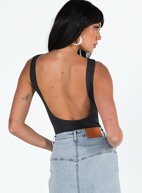 back view of model wearing Princess Polly Beresford Bodysuit Black Sleeveless Scoop Neck 
