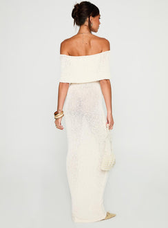 back view of model wearing Princess Polly Nixen Strapless Knit Maxi Dress Cream Straight Neck 