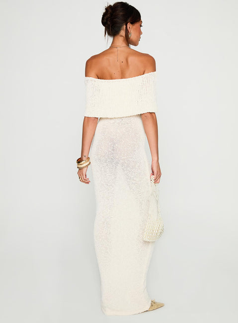back view of model wearing Princess Polly Nixen Strapless Knit Maxi Dress Cream Straight Neck 