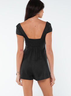 Romper Linen material Cap sleeve Square neckline Button fastening at front Shirred band at back Twin hip pockets