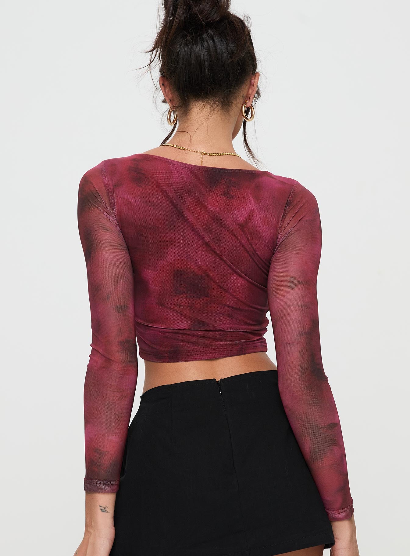 back view of model wearing Princess Polly Stilla Long Sleeve Top Red Full Sleeves Crew Neck 