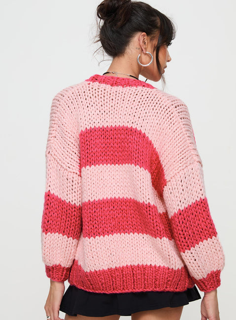back view of model wearing Princess Polly Lester Knit Cardigan Pink Stripe cropped 