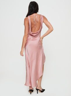 back view of model wearing Princess Polly Hold Me Tight Maxi Dress Pink Cowl Neck 