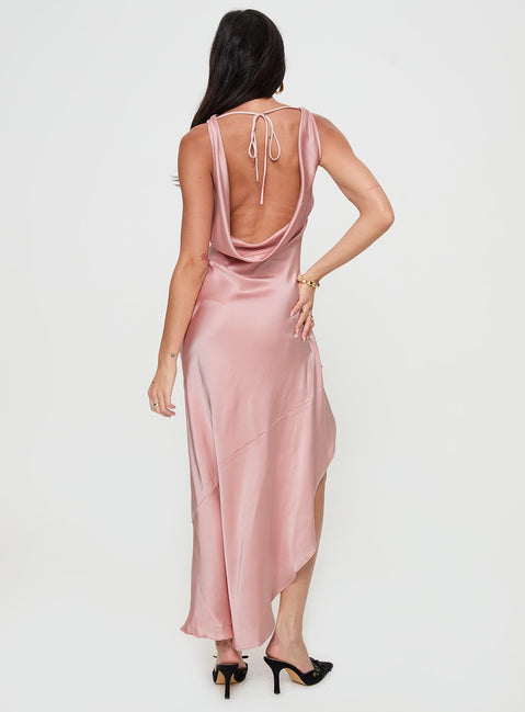 back view of model wearing Princess Polly Hold Me Tight Maxi Dress Pink Cowl Neck 