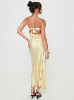 back view of model wearing Princess Polly Haley Maxi Dress Yellow Straight Neck 