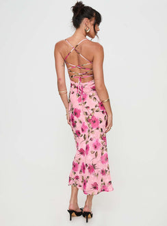 back view of model wearing Princess Polly Ara Maxi Dress Pink Floral Square Neck 