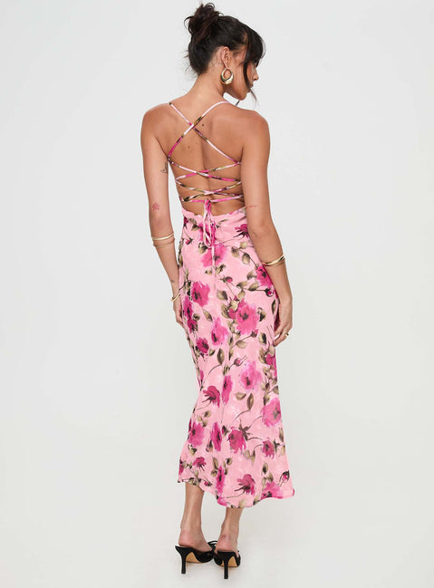 back view of model wearing Princess Polly Ara Maxi Dress Pink Floral Square Neck 
