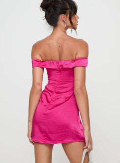 back view of model wearing Princess Polly Rava Off The Shoulder Mini Dress Hot Pink Plunger 