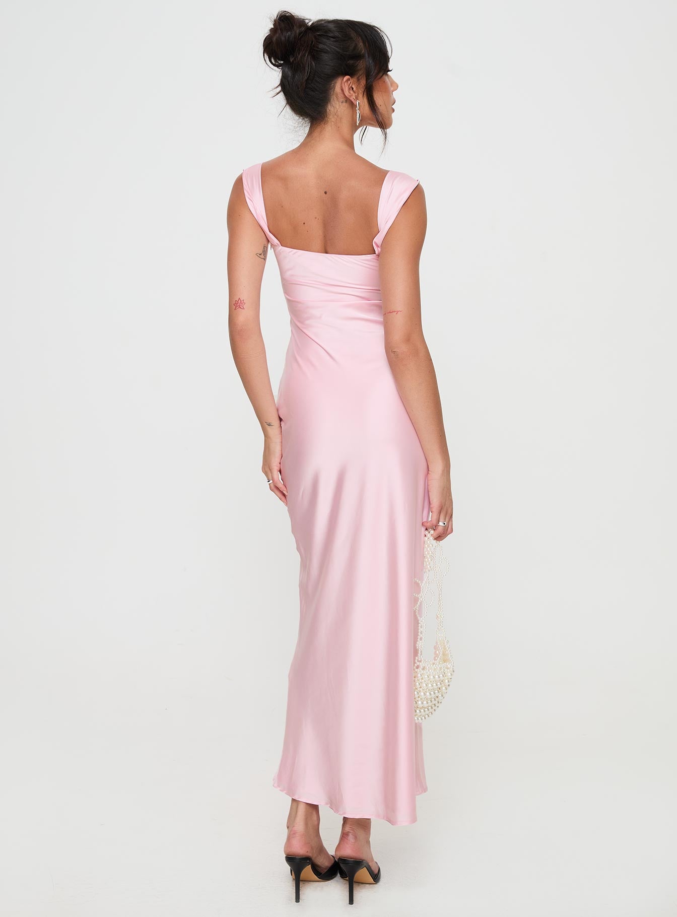 back view of model wearing Princess Polly Azura Off The Shoulder Maxi Dress Pink Square Neck 