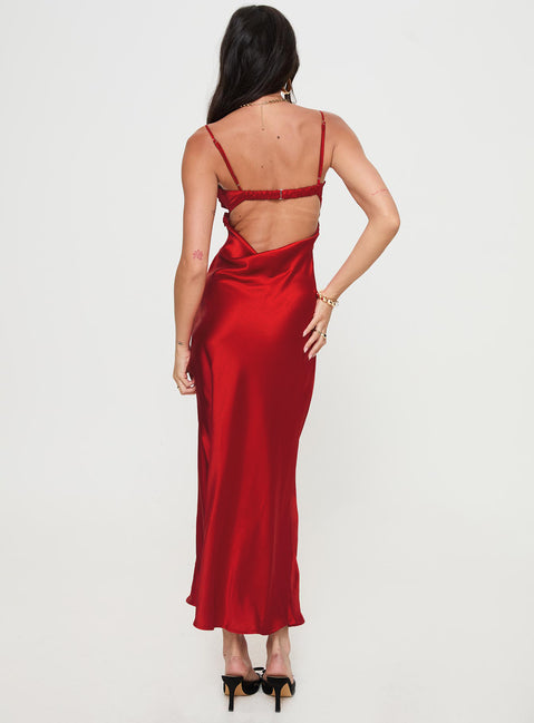 back view of model wearing Princess Polly Monument Maxi Dress Red Sweetheart Neckline 
