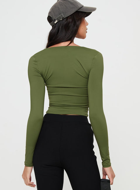 back view of model wearing Princess Polly Back In Time Long Sleeve Top Olive Full Sleeves Square Neck 