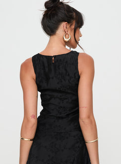back view of model wearing Princess Polly Perilla Lace Top Black Sleeveless Crew Neck 