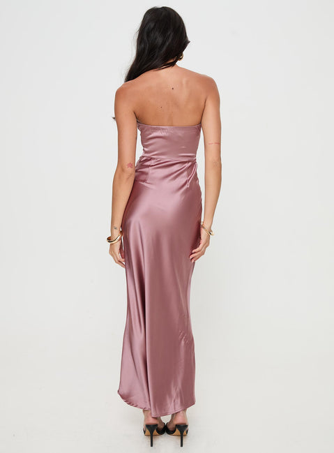 back view of model wearing Princess Polly Yannick Strapless Maxi Dress Mocha Sweetheart Neckline 