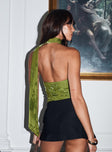 back view of model wearing Princess Polly Frostbloom Scarf Neck Bodysuit Green Sleeveless Asymmetric Neckline 