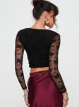 Black Long sleeve lace crop top Square neckline, hook & eye fastening at bust, sheer sleeves