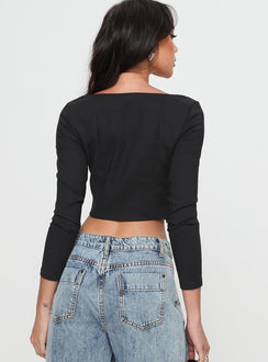 back view of model wearing Princess Polly Time Is Up Long Sleeve Top Black Full Sleeves V-Neck 