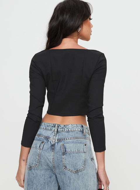 back view of model wearing Princess Polly Time Is Up Long Sleeve Top Black Full Sleeves V-Neck 