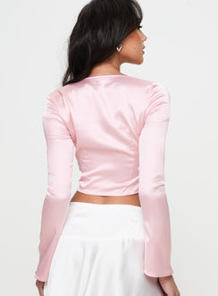 back view of model wearing Princess Polly Lullers Long Sleeve Top Pink Full Sleeves Square Neck 