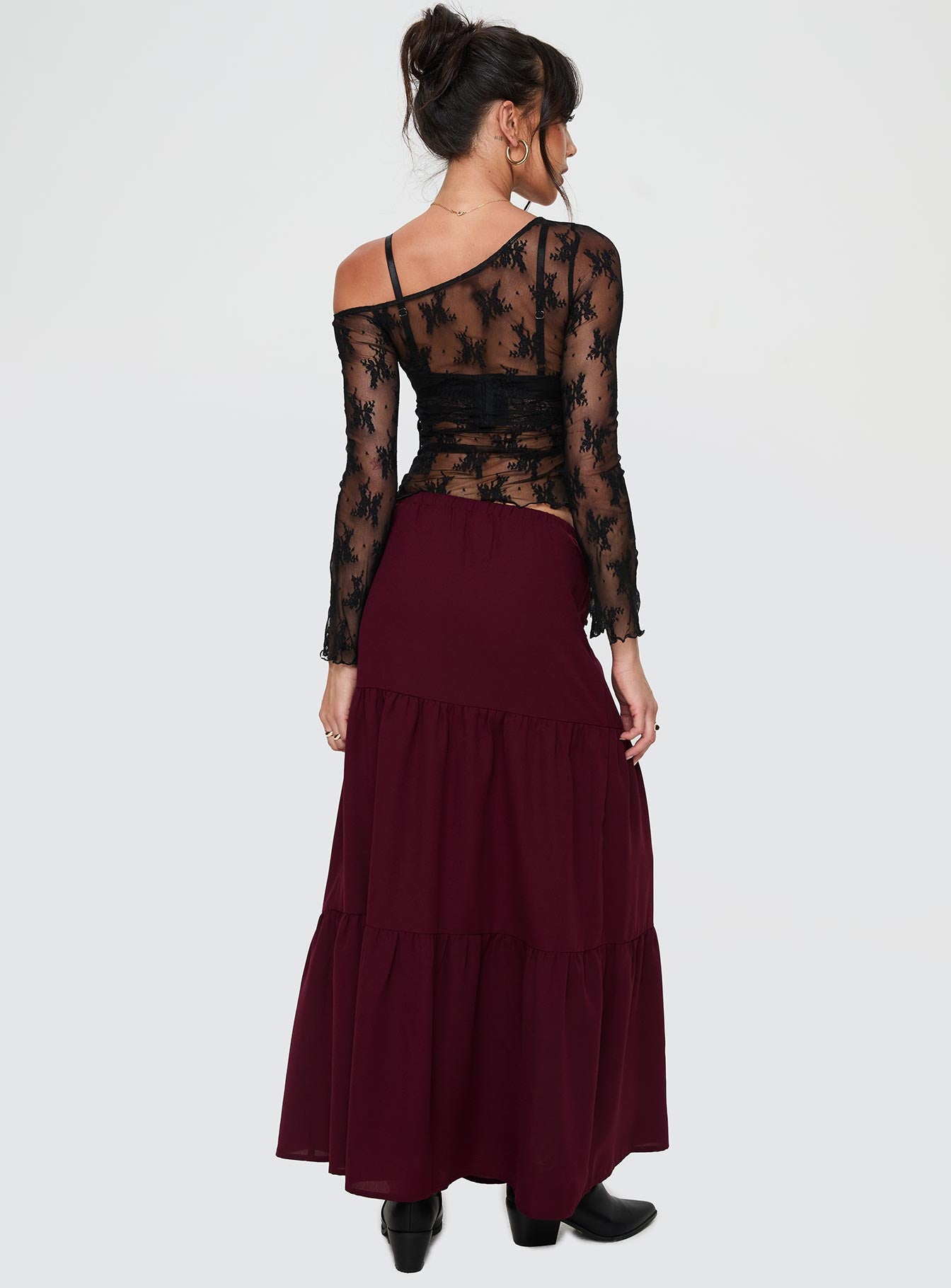 back view of model wearing Princess Polly Whole Again Maxi Skirt Burgundy Maxi 