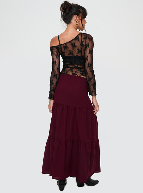 back view of model wearing Princess Polly Whole Again Maxi Skirt Burgundy Maxi 