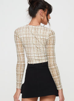 back view of model wearing Princess Polly Blissie Long Sleeve Top Beige Full Sleeves Crew Neck 