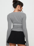 back view of model wearing Princess Polly Noir Long Sleeve Top Grey Full Sleeves Square Neck 