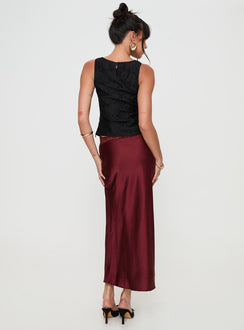 back view of model wearing Princess Polly The Charmaine Maxi Skirt Burgundy Midi Skirts 