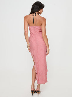 back view of model wearing Princess Polly Elestria Strapless Midi Dress Pink Straight Neck 