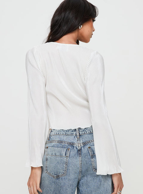 back view of model wearing Princess Polly Collis Long Sleeve Top Cream Full Sleeves V-Neck 